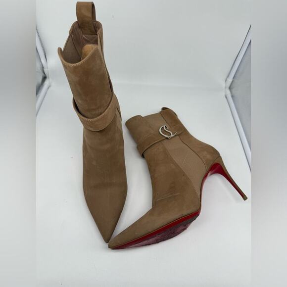 Christian Louboutin Brown/ Tan Suede leather CL chelsea Booty ankle boots EU 40 - Picture 5 of 16